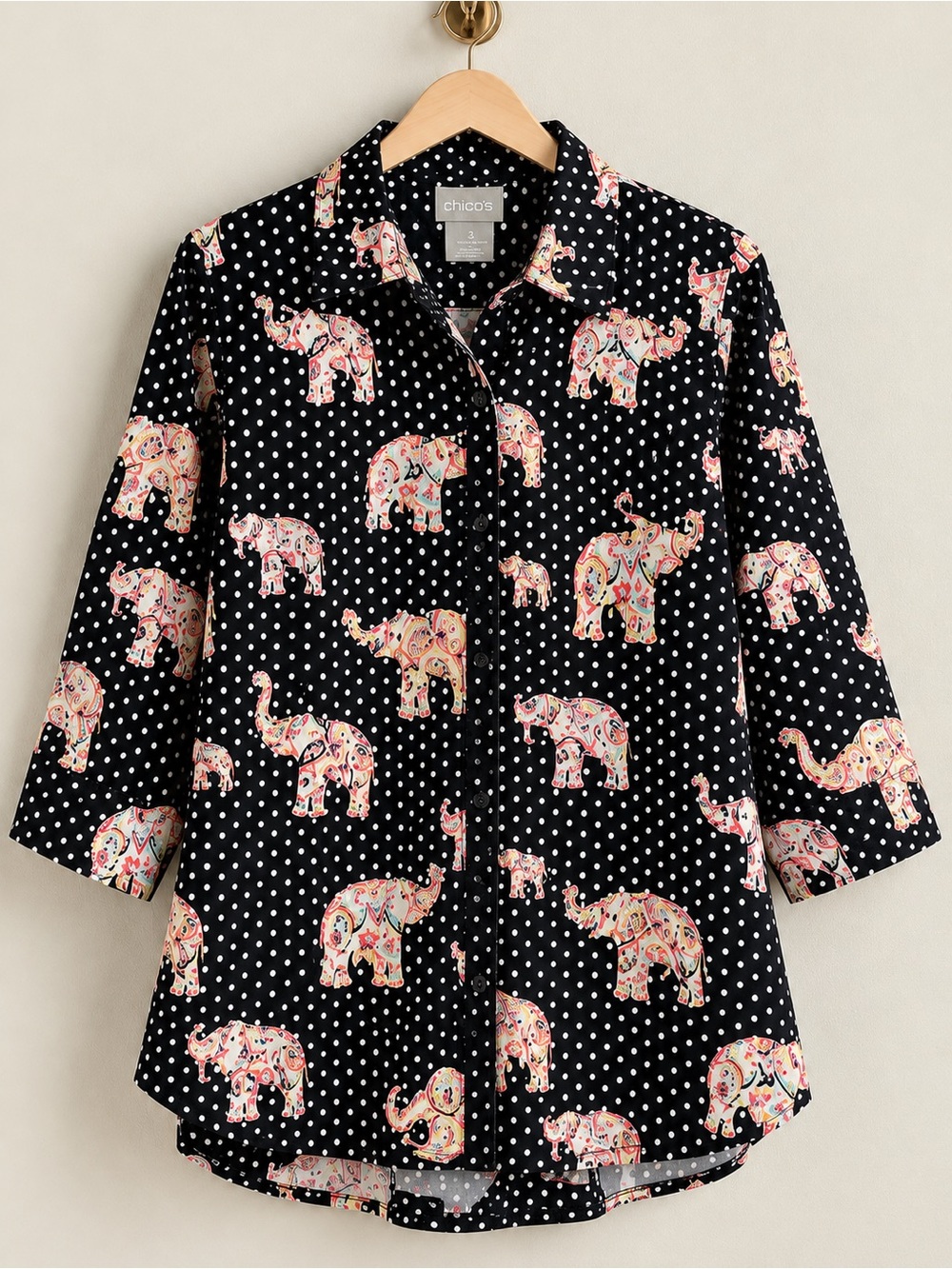 Chico’s No-Iron Stain Shield Elephant Print Cotton Button Front Shirt Sz 3 XL